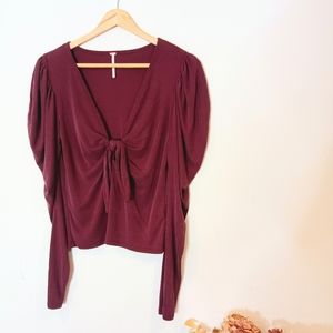 Free People Plum Ruched Tie Bust Puff Sleeve Blouse Sz S